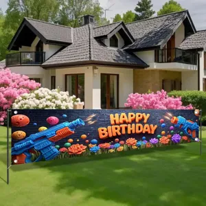 Water gun theme birthday banner with brick wall and flower design for outdoor party