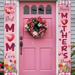 Muttertags-Banner für die Veranda mit rosa Tulpen und Schmetterlingen für die Haustür