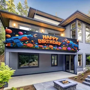 Outdoor Happy Birthday banner with 3D water gun and floral brick wall design