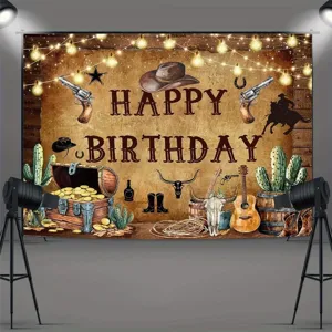 Sfondo fotografico di compleanno cowboy western con legno rustico e motivi desertici