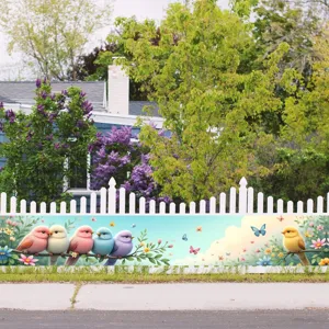 Vibrant spring garden banner featuring colorful birds and flowers for fence decoration.