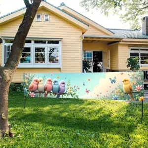 Spring garden banner featuring colorful birds, flowers and butterflies for fence decor