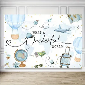 Travel Theme Photography Backdrop First Birthday Party Decor Hot Air Balloon Airplane Map Polyester Background Cloth For Baby