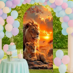 Leeuw Vader Zoon Thema Boog Achtergrond Cover Voor Jongens Verjaardagsfeestje Decoratie Afrikaanse Savanne Zonsondergang Safari Party Achtergrond