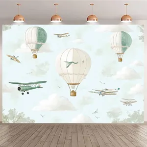 Vintage Vlucht Avontuur Fotografie Achtergronddoek Luchtballon Vliegtuig Wolk Decoratie Voor Kinderfeestje En Kinderkamer