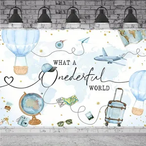 Watercolor travel theme photography backdrop for baby 1st birthday party decoration