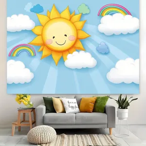 Cartoon sun and rainbow photography backdrop for kids birthday or school events decoration