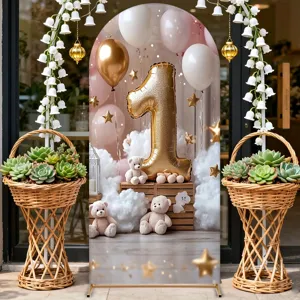 Elegant pink and gold cloud balloon arch backdrop for baby's first birthday party decoration