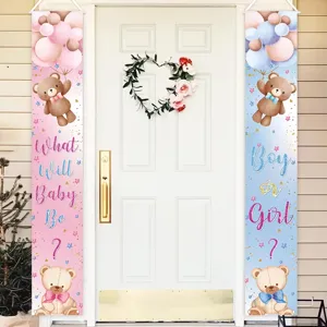 Gender reveal door banners with pink and blue balloons and cute teddy bear prints
