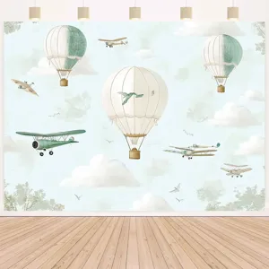 Retro luchtvaart avontuur fotografie achtergrond met luchtballonnen en vliegtuigen.