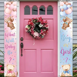 Gender reveal porch banners featuring cute teddy bears and balloons for baby shower decorations