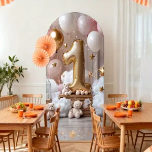 Pink gold balloon cloud arch backdrop for baby's 1st birthday party party decoration