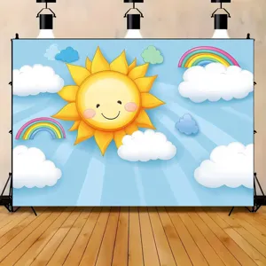 Cartoon sun rainbow and clouds photography backdrop for school activities and parties