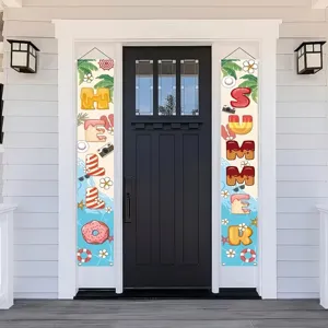 Colorful summer beach dessert theme porch banners featuring Hello Summer text designs