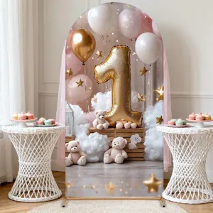 Pink and gold cloud balloon birthday arch backdrop for 1st birthday party decor