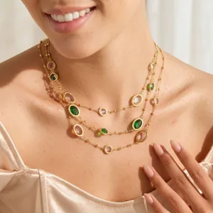 European Style Gold Plated Stainless Steel Bezel Set Elliptical Rhinestone Clavicle Chain Necklace For Women Party Jewelry