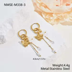 Detail view of stainless steel bee flower earrings with pearl tassels and measurements