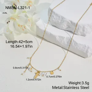 Detailed view of a gold stainless steel charm necklace with dimensions and weight.