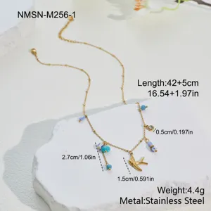 Detailed dimensions of pastoral stainless steel necklace with swallow and colorful beads.