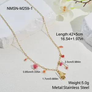 Detailed view of pastoral gold stainless steel necklace with colorful flower and beads