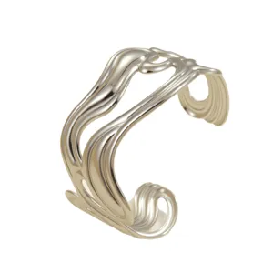 Silver stainless steel open cuff bracelet with minimalist French wavy geometric lines.