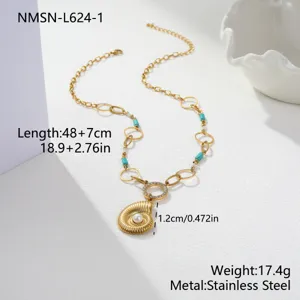 Detail view of gold stainless steel shell necklace with pearl and turquoise