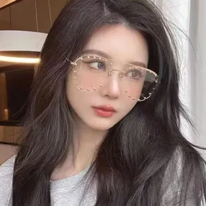 Nahaufnahme eines Models mit übergroßer transparenter Fliegerbrille mit Goldnieten.
