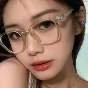 Detailed close-up of retro transparent small frame glasses worn by an Asian model
