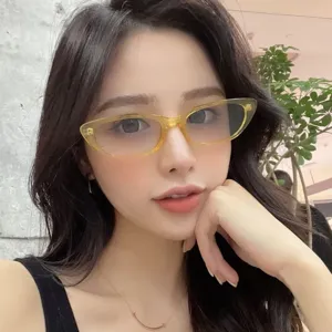 Detail shot of stylish yellow transparent cat-eye sunglasses worn by model, chic and trendy.