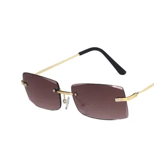 Trendy rimless rectangle sunglasses with ultra-light tinted lenses and gold metal frame