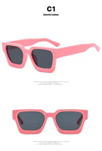 Multi-angle views of retro pink square sunglasses with thick frames and dark lenses