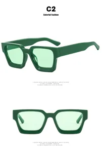 Detailed view showing the front and side angles of green retro square sunglasses for women