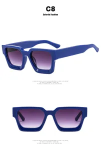 Detailed views of retro blue square sunglasses with purple gradient lenses
