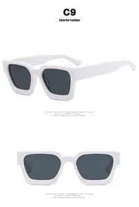 Detailed front and angled views of retro white square sunglasses with dark lenses.
