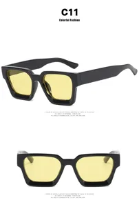 Front and side views of vintage square sunglasses with black frame and yellow lenses