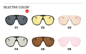 Auswahl an übergroßen einteiligen Sonnenbrillen in sechs verschiedenen lebhaften Farben.