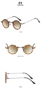 Retro-Sonnenbrille mit rundem kleinem Rahmen in Schildpattoptik von vorne, seitlich und hinten.
