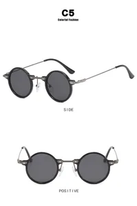 Detailansicht der Retro-Steampunk-Sonnenbrille mit kleinen runden Gläsern und dunklen Tönen.
