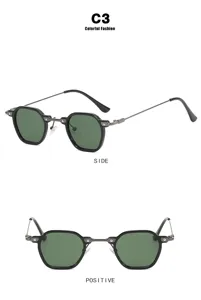 Detaillierte Front- und Seitenansicht der Punk-Sonnenbrille mit runden grünen Gläsern