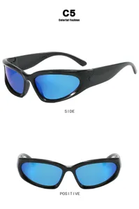 Kinder-Y2K-Fahrrad-Sonnenbrille mit blauen Gläsern in der Front- und Seitenansicht