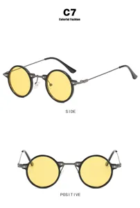 Detailansicht der kleinen runden Steampunk-Sonnenbrille mit gelben Gläsern und schwarzem Rahmen
