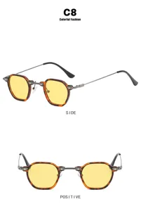 Detailansichten der Punk-Sonnenbrille mit kleinem Rahmen und gelben Gläsern