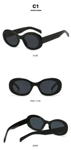Detailansicht der schwarzen ovalen Sonnenbrille mit Retro-Rahmen und dunklen Gläsern.