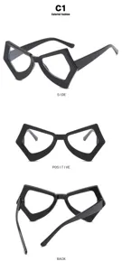 Multi-angle views of black irregular butterfly glasses frame showing side and front.