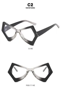 Detailed macro view of retro irregular butterfly glasses frame with anti-blue light lenses