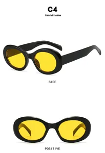Detaillierte Vorder- und Seitenansicht der ovalen Sonnenbrille mit schwarzem Rahmen