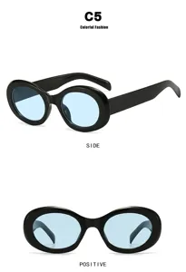 Retro-Ovale Sonnenbrille mit schwarzem Rahmen und hellblauen Gläsern, Seiten- und Vorderansicht.