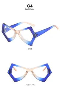 Macro view showing side and front angles of blue gradient butterfly glasses frame.