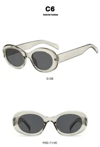Seiten- und Vorderansicht der retro ovalen Sonnenbrille mit transparentgrauem Rahmen