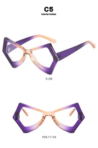 Detailed views of irregular butterfly frame glasses with purple and orange gradient